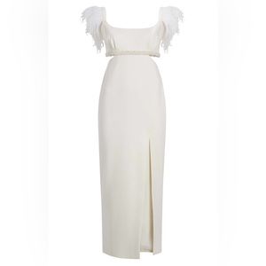 LIKELY White Dress with Feathers & Pearls